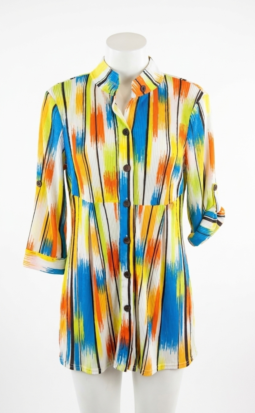 NEW MULTIPLES women's accordian button front tunic in white, royal, yellow, oran